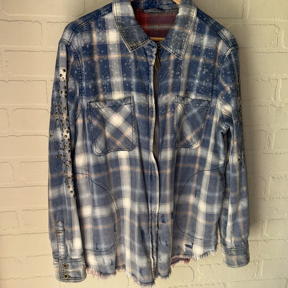 Free People Shacket Deconstructed Shirt Jacket medium distressed plaid flannel - Picture 3 of 8